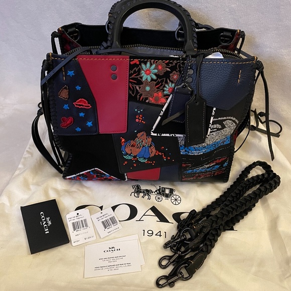 Coach 1941 Rogue 30 Embellished Patchwork Whipstitch Mixed Leather Bag Red Multi